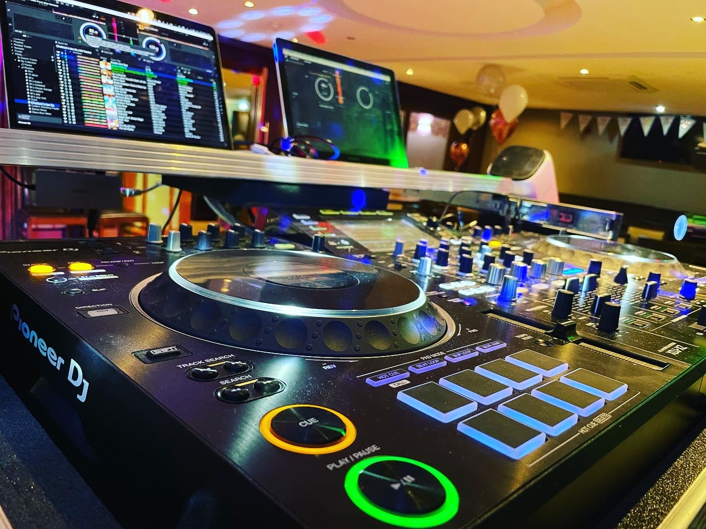 Corporate event DJ and AV production setup